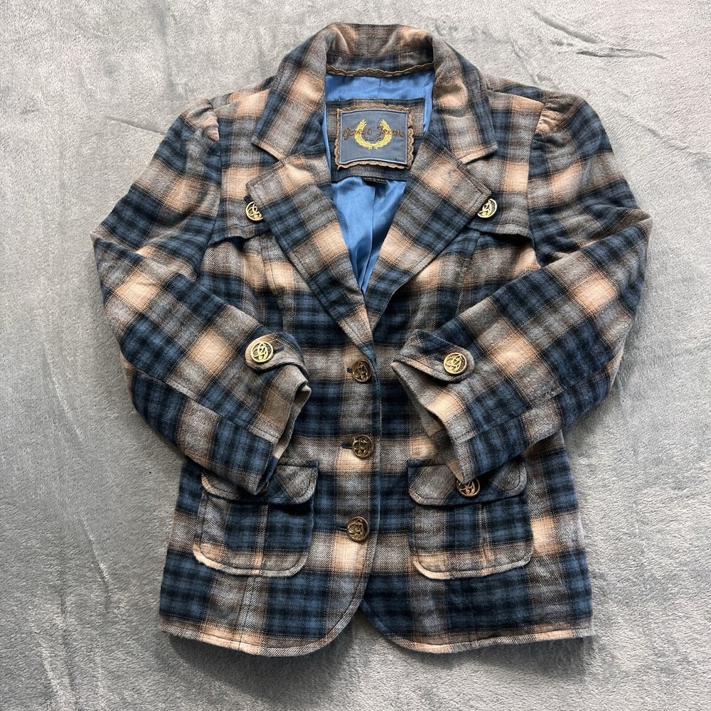 Guess Blazer Jacket Womens M Blue Tan Black Plaid Fitted 3/4 Sleeve Preppy